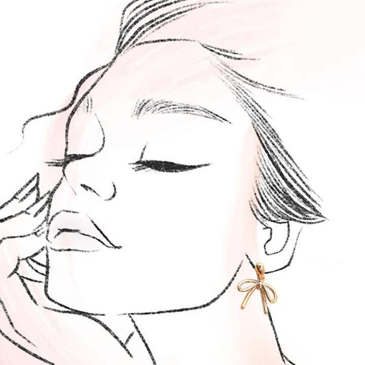 Gold TEARDROP STUD BOW CHARM DROP EARRINGS | 80E06258 for wholesale on Faire