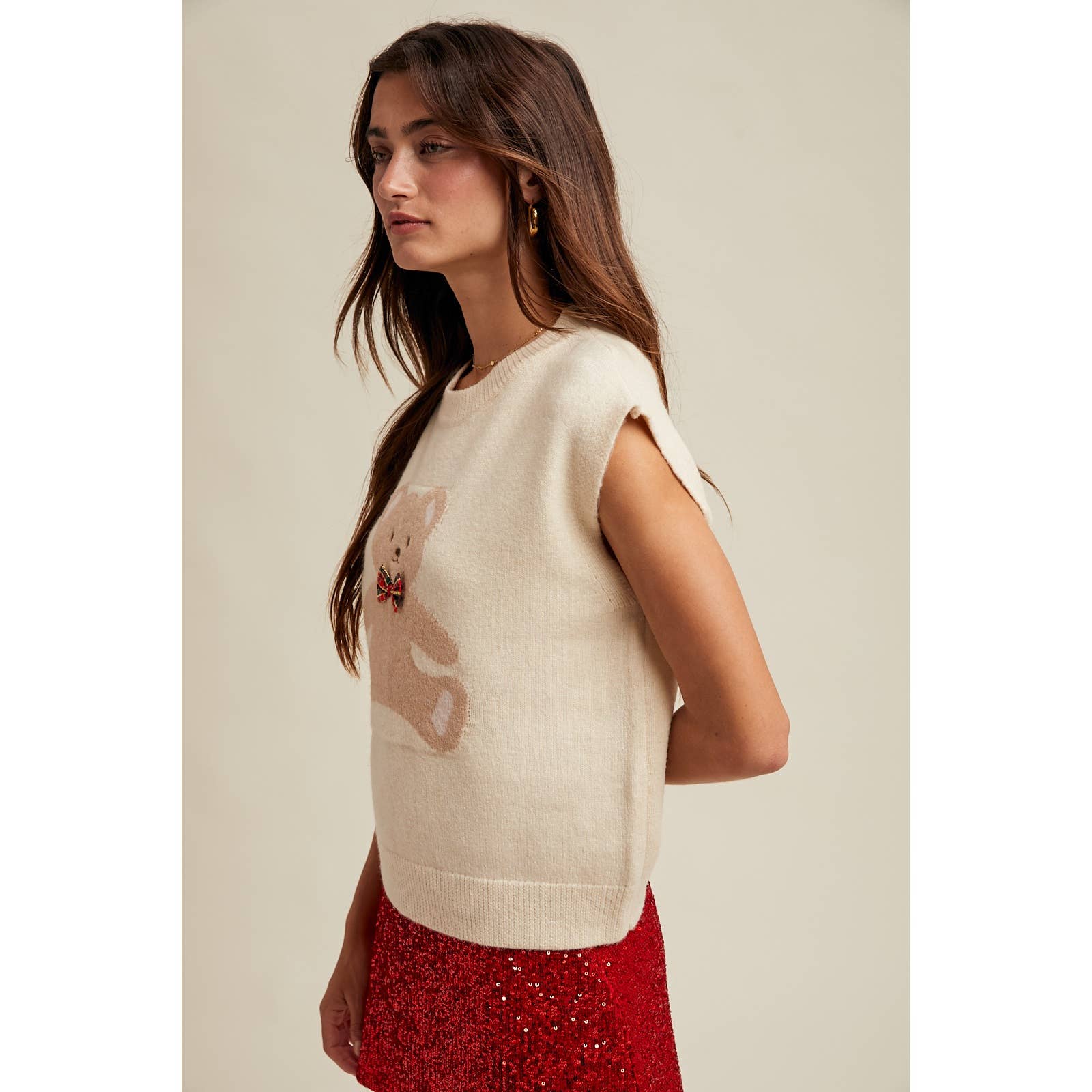 CREAM 'TEDDY BEAR' PLAID BOW SWEATER VEST / WL25-11172 for wholesale on Faire2