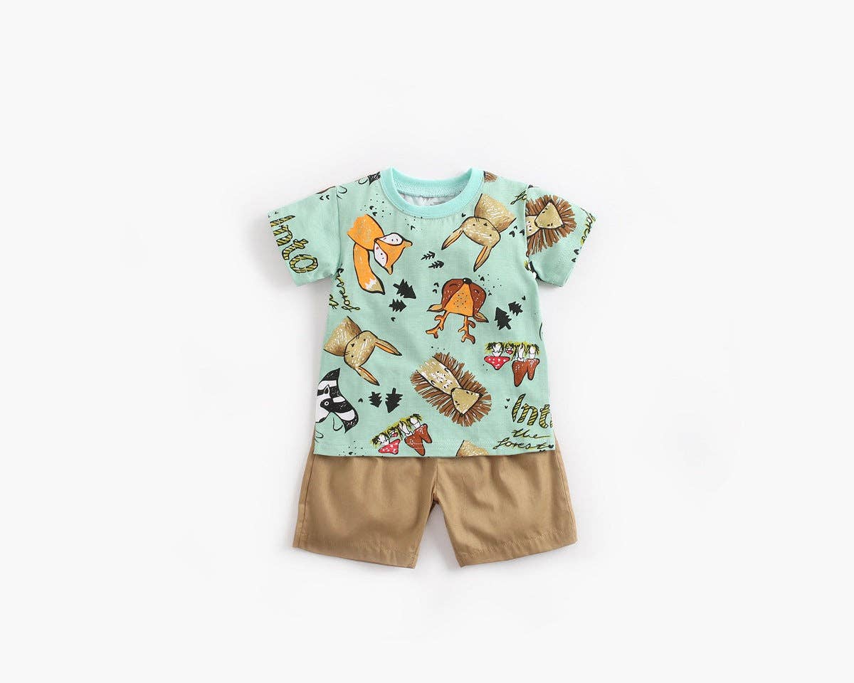 Green Baby Boy Animal Print Short-Sleeved Top Combo Solid Color Shorts Sets In Summer for wholesale on Faire0