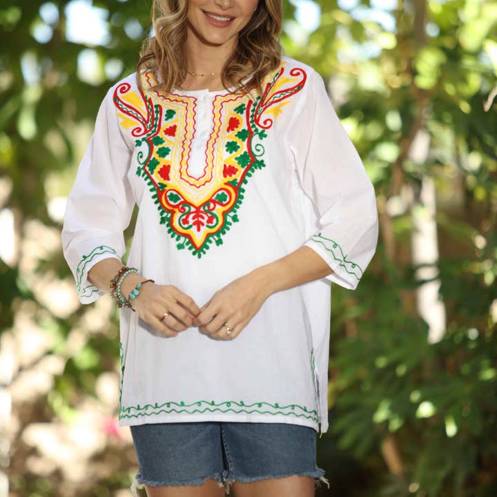 Ananda's Fashion - Wholesale Tunic - Women's - White Handmade100% Cotton Embroidered White Orange Tunic Top1
