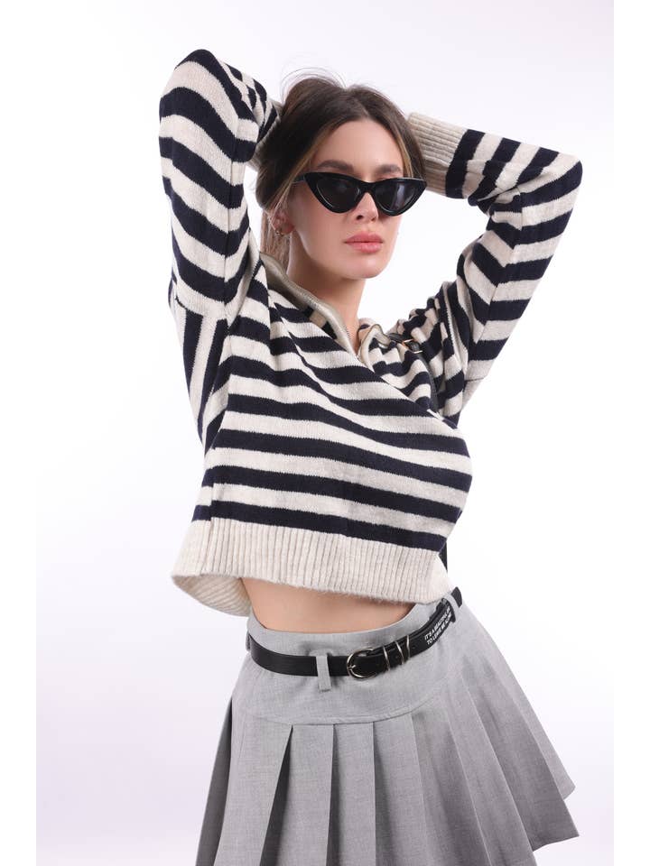 My 9Teen - Wholesale Knit Sweater - Women's - Striped Zippered Knit Sweater5