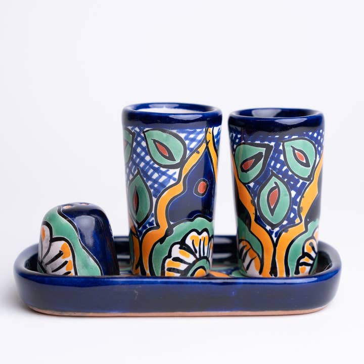Talavera Shot Glass Set with Salt Dish & Tray - 2 Oz -Daisy for wholesale by MEXTEQUIL