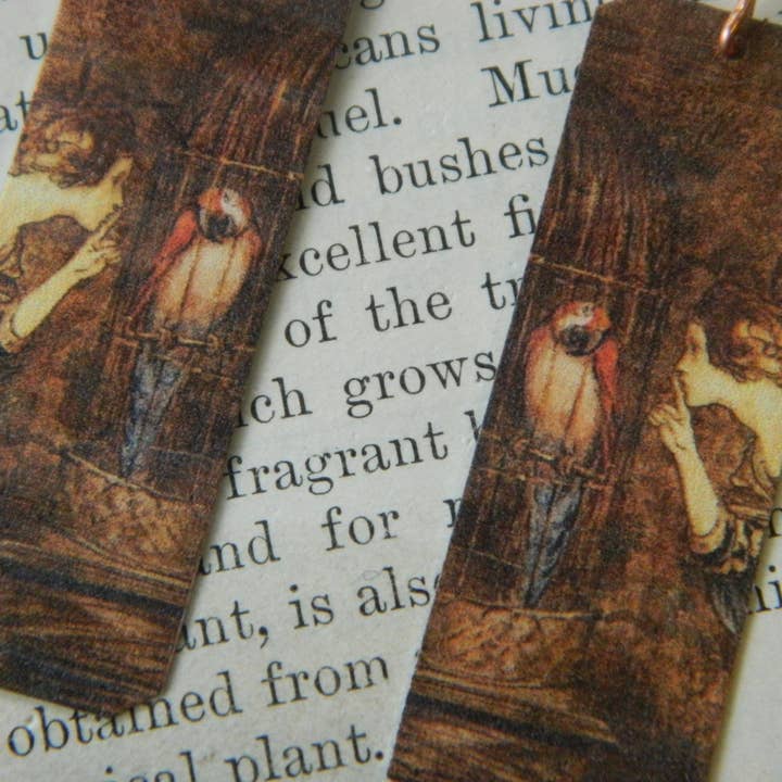 Art Earrings Arthur Rackham Woman Shushing a Parrot for wholesale by Sarah Wood Studio
