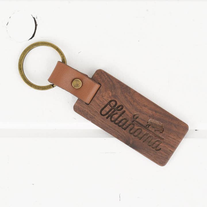 Classic State - Wholesale Keychain - Unisex - Oklahoma Wood/Leather Keychain0