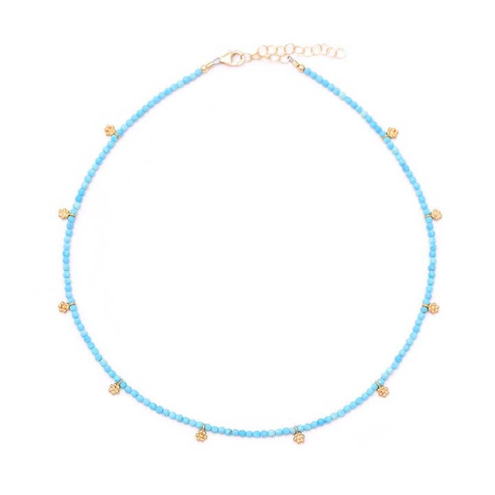 Turquoise & Gold Flowers Necklace for wholesale by gold & gray