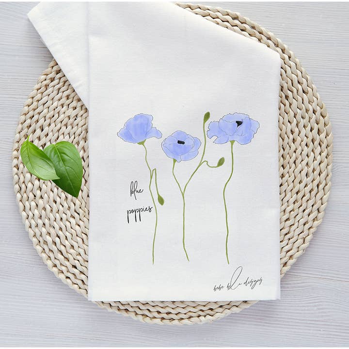 Blue Poppies Flour Sack Tea Towel, Kitchen Decor for wholesale by Bebe Blu Designs, LLC