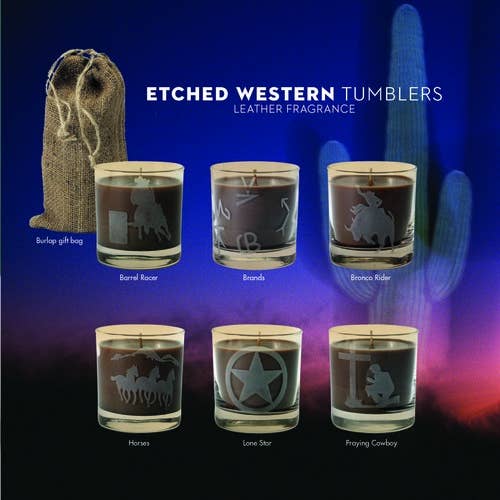 8 oz Western Etched Glass Tumblers for wholesale by Acadian Candle Company