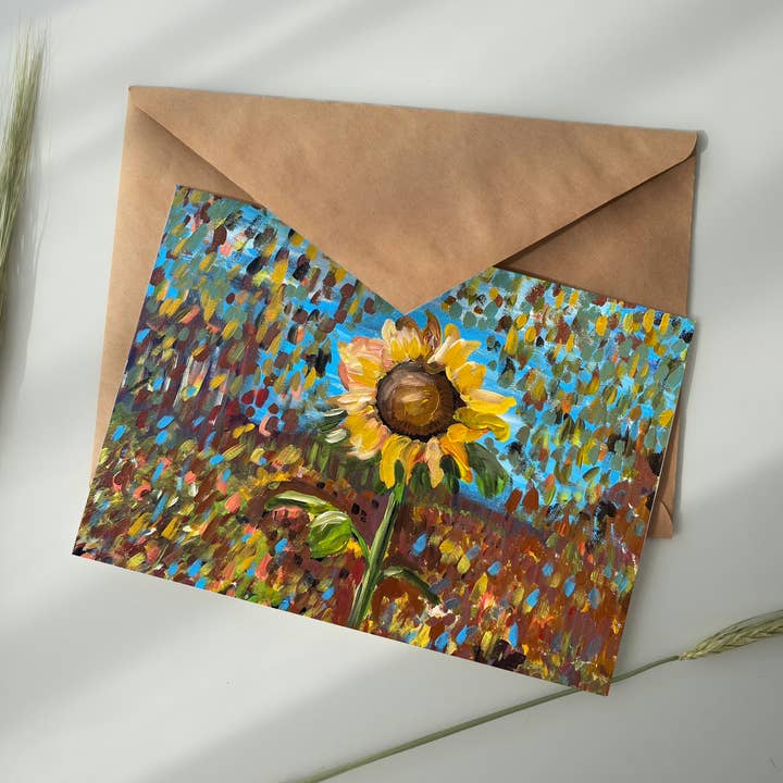 Carte de vœux Nature, Design de peinture à l'huile de tournesol pour la vente par Deking Art