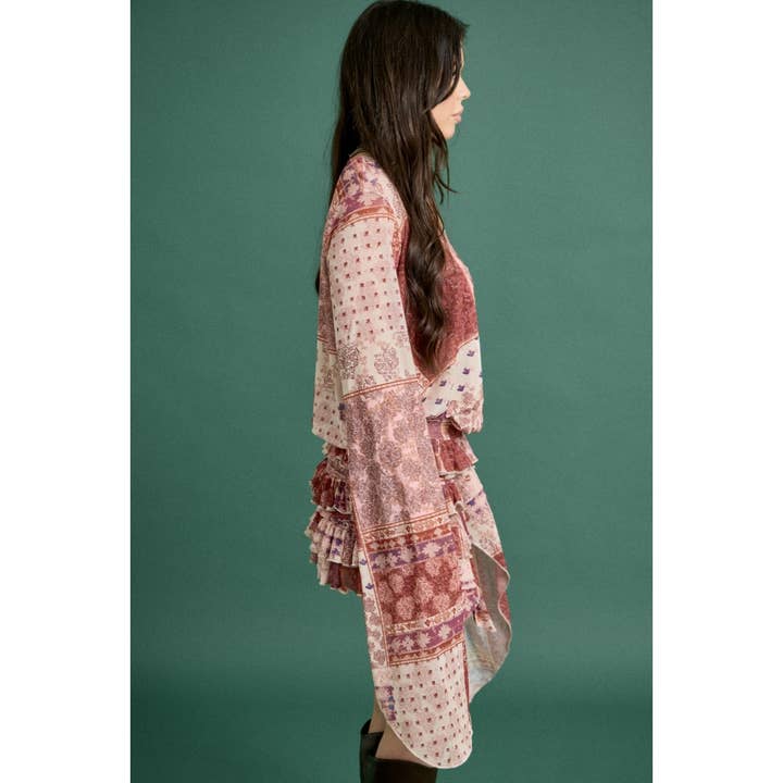 RED COMBO Spring Boho Patchwork Ruffle Mini Dress for wholesale on Faire7