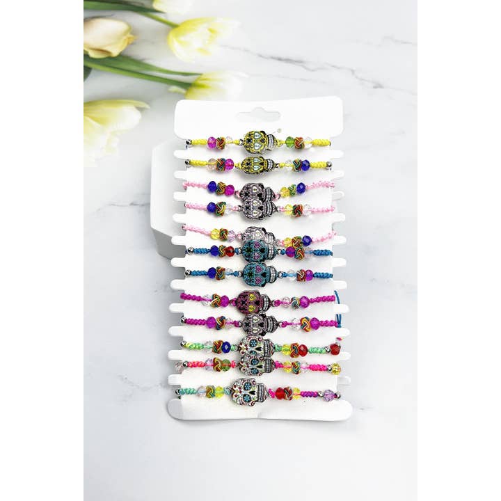 ADJUSTABLE STRING BEADED BRACELET WITH SKULL CHARM for wholesale by JHP Collection