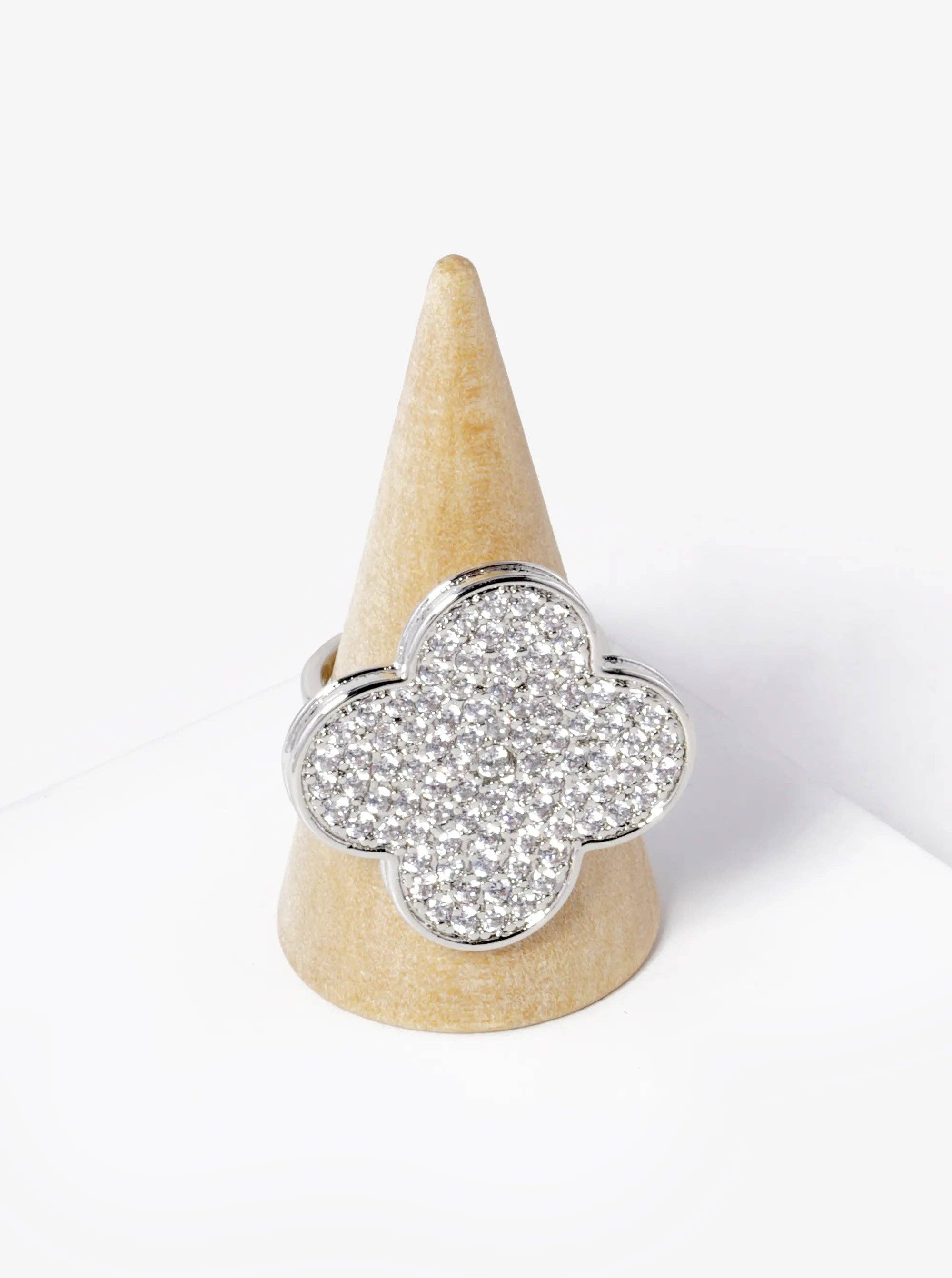 Wild Honey - Wholesale Multi-Stone Ring - 18K Gold Dipped Cz Pave 25Mm Quatrefoil Adjustable Ring3