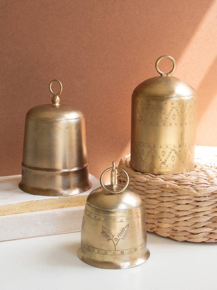 SET OF THREE BRASS FINISH BELLS for wholesale by Kalalou