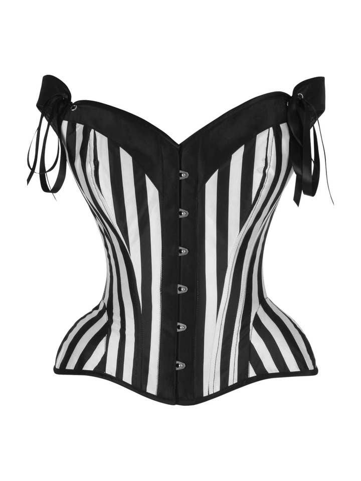 Daisy Corsets – Großhandel Korsett – Damen – Korsett aus Stahl mit Knochen und Riemen in der oberen Schublade, schwarz/weiß gestreift