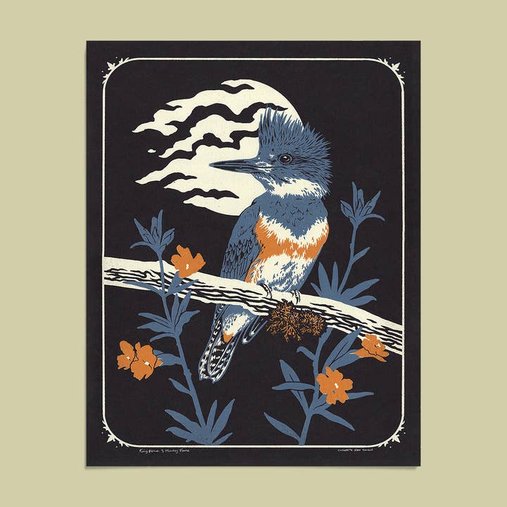Kingfisher & Monkey Flower 11x14" Giclee Print for wholesale by Mustard Beetle