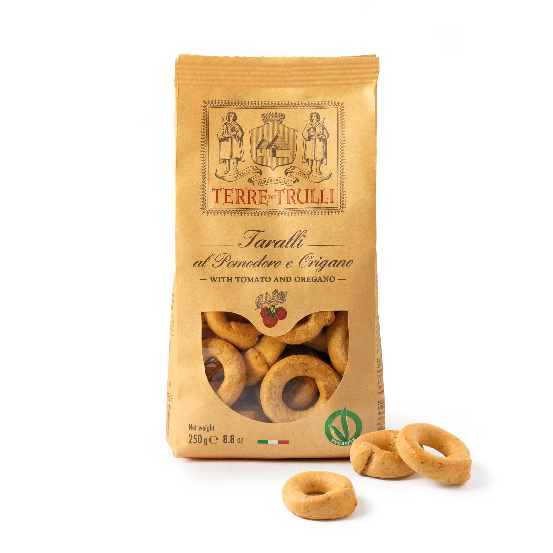 Terre dei Trulli – Großhandel Cracker – Pugliesi Taralli mit Tomate und Oregano 250 g – Hergestellt in Italien1