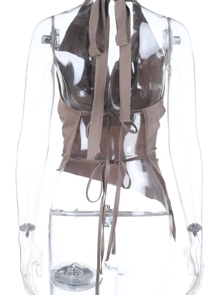BROWN Draped Halter Top with Asymmetrical Hem for wholesale on Faire6