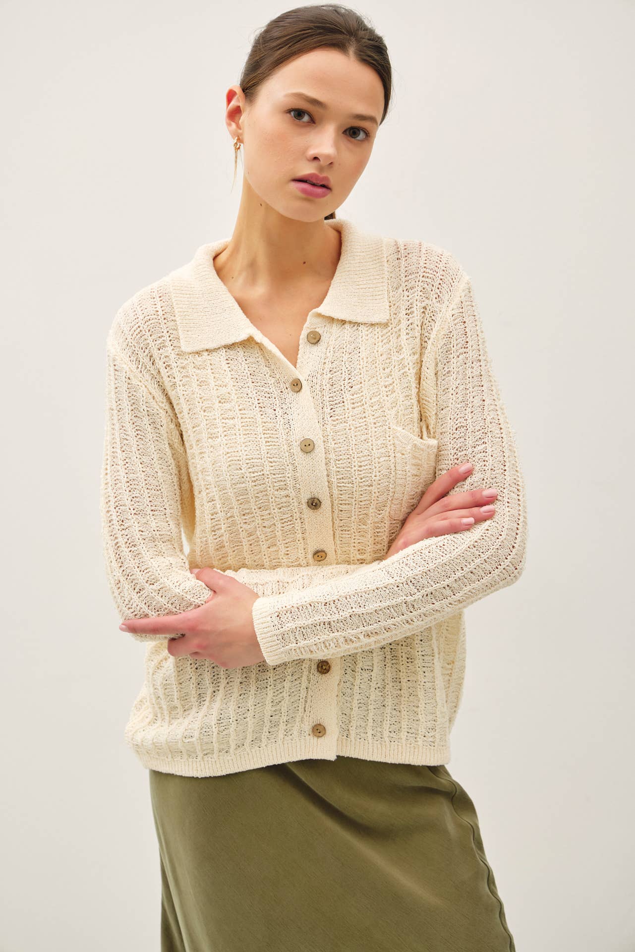Be Cool - Wholesale Cardigan - Women's - BREEZY TEXTURED KNIT BUTTON UP COLLARED CARDIGAN 5