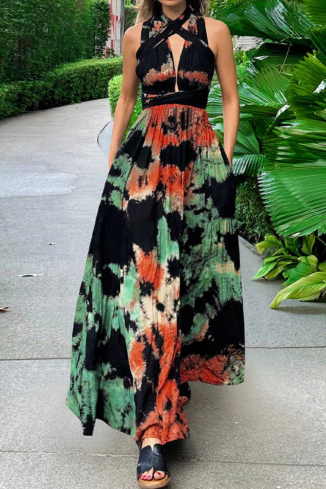 Wholesale Tie Dye Multiway Plunge V Halter Maxi Dress HYG161 for