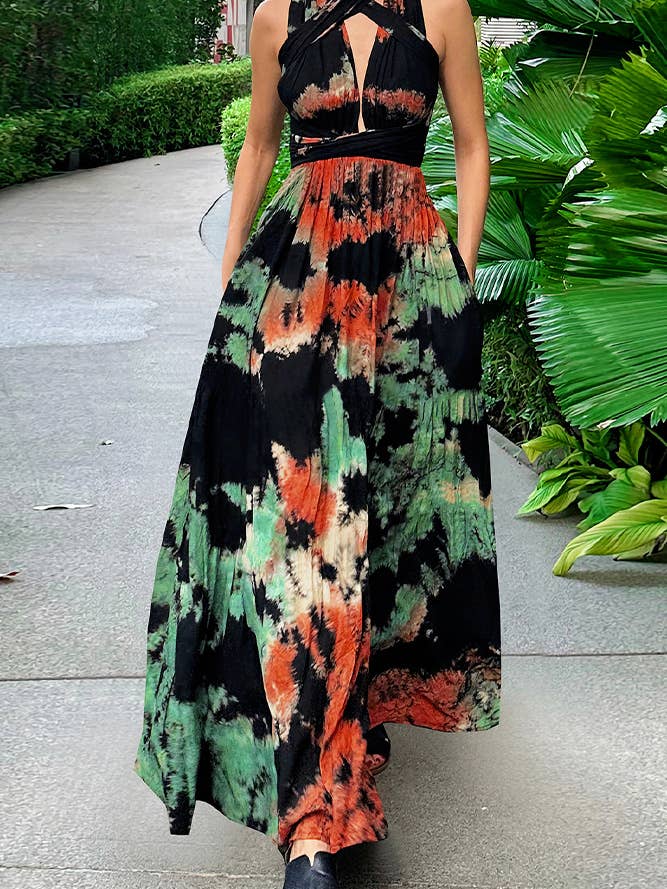 Wholesale Tie Dye Multiway Plunge V Halter Maxi Dress HYG161 for