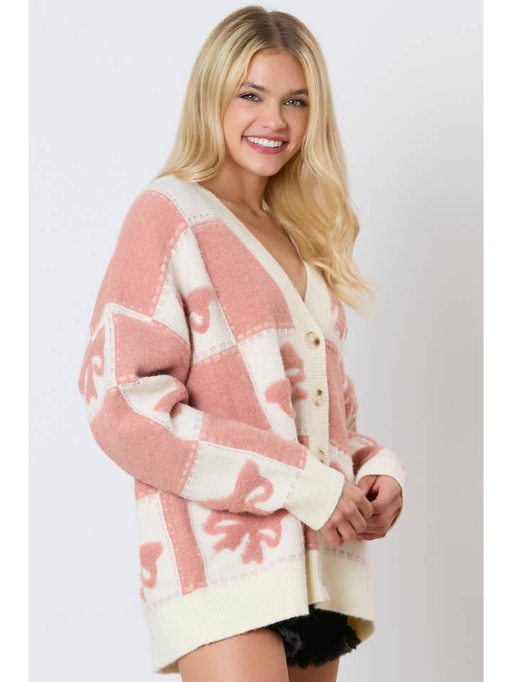 Peach Love California - Wholesale Cardigan - Women's - 3d Bow & Square Pattern Oversized Cardigan