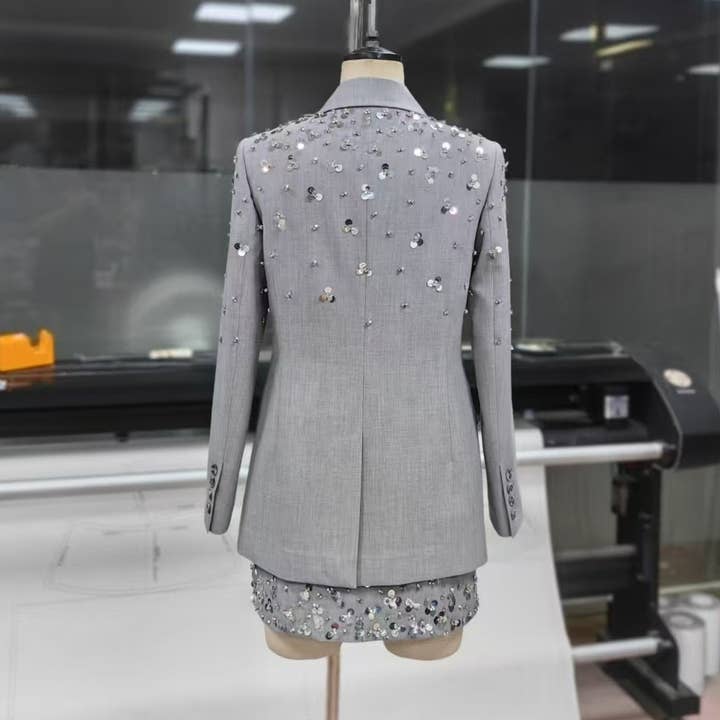 Color as pictures SET-12Y Gray Sequin Beaded Blazer and Skirt Two-Piece Suit for wholesale on Faire