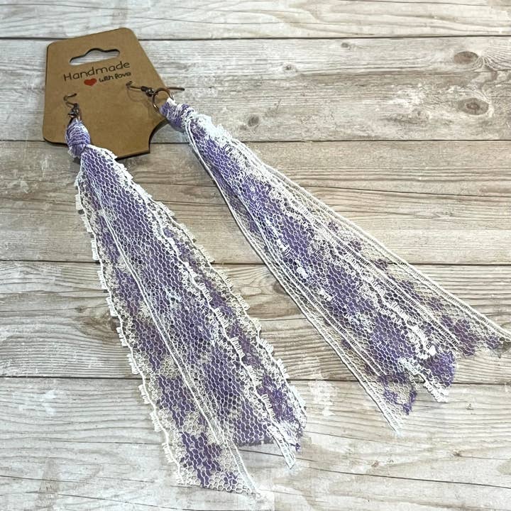 Lace Tassel Earrings Purple and White Floral for wholesale by Open Window Studios