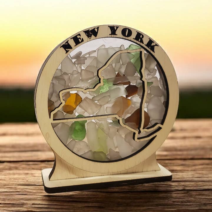 New York Round Sea Glass Shadowbox Display, Large for wholesale by Sea Glass Displays