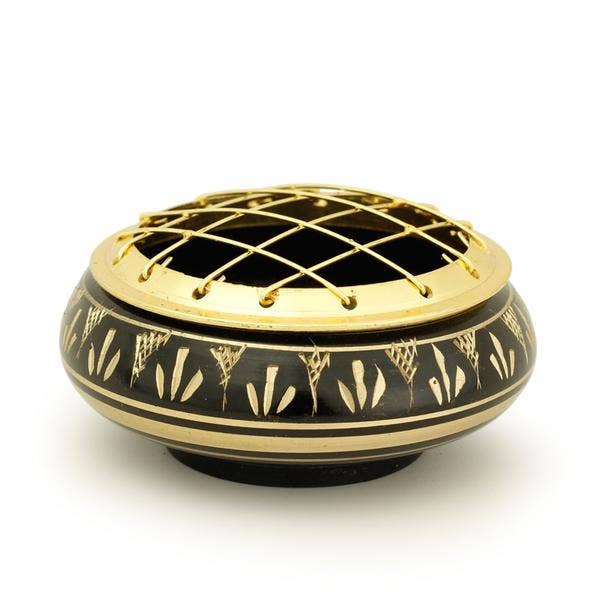 Prabhuji's Gifts – wholesale Incense holder – Burner - Black Brass Burner, Low Base, Fern Engraving, Net Top 1.25"Hx2.75"D2