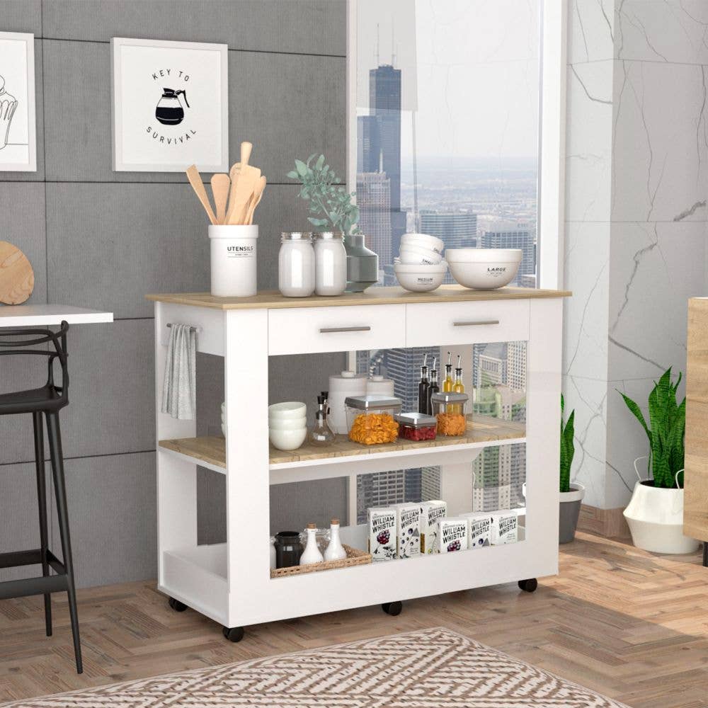 TUHOME FURNITURE - Vente Rangements/organisateurs de cuisine - Îlot de cuisine Cala 46 blanc/chêne clair0