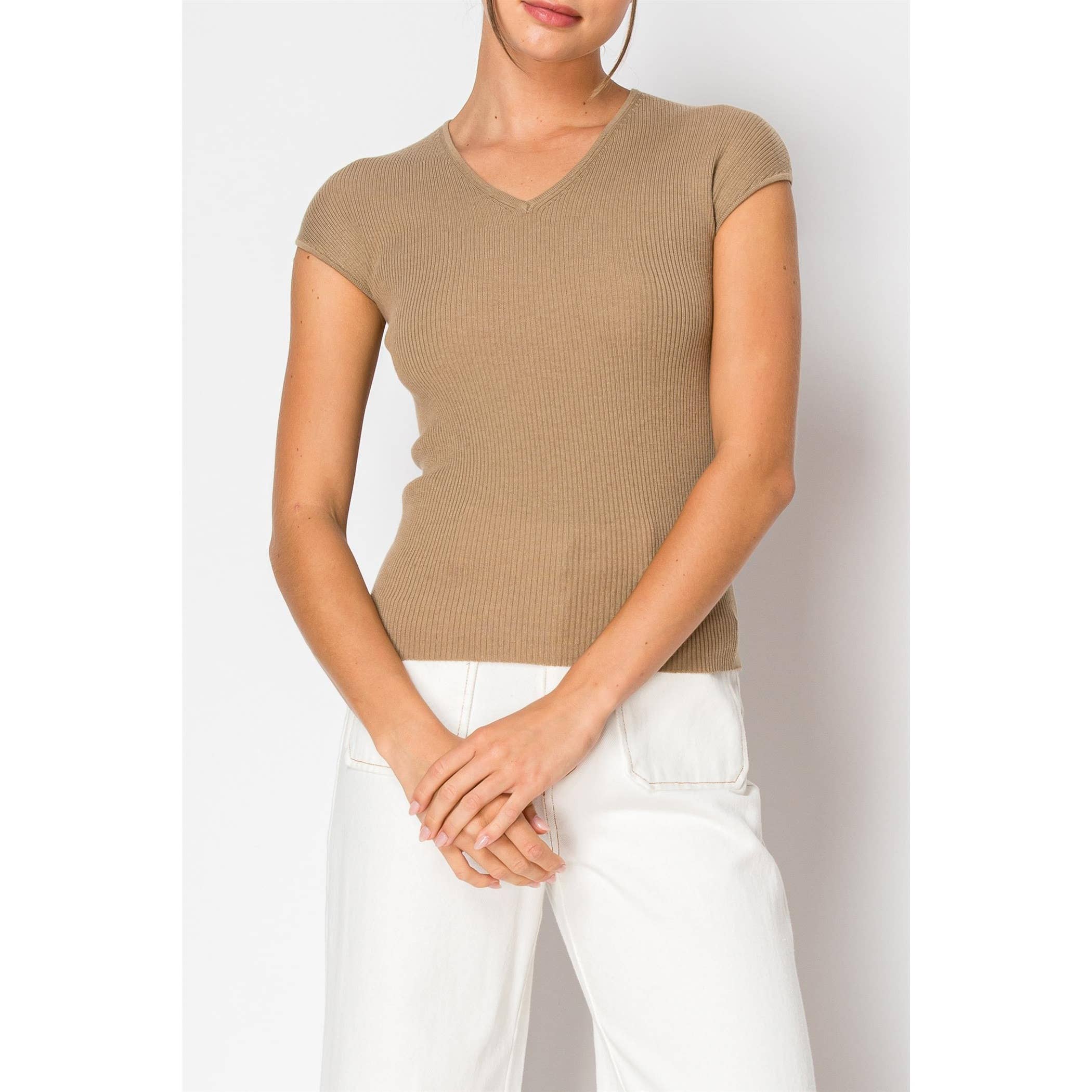 INA - Vente Chemisier – femme - Haut en maille côtelée à manches courtes et col en V16