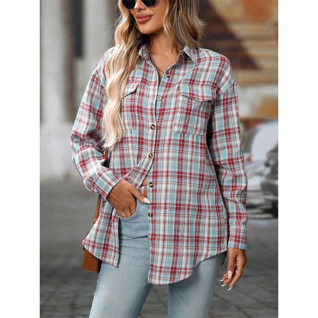 UNISHE - Wholesale Shirt - Women's - Casual Loose Fit Plaid Pockets Button-Down Shirt MD21312
