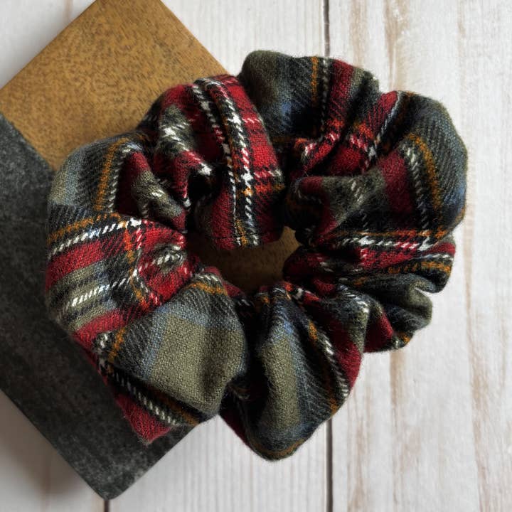 Green with Red Stripe Flannel Handmade Scrunchie for wholesale by QuietJoy