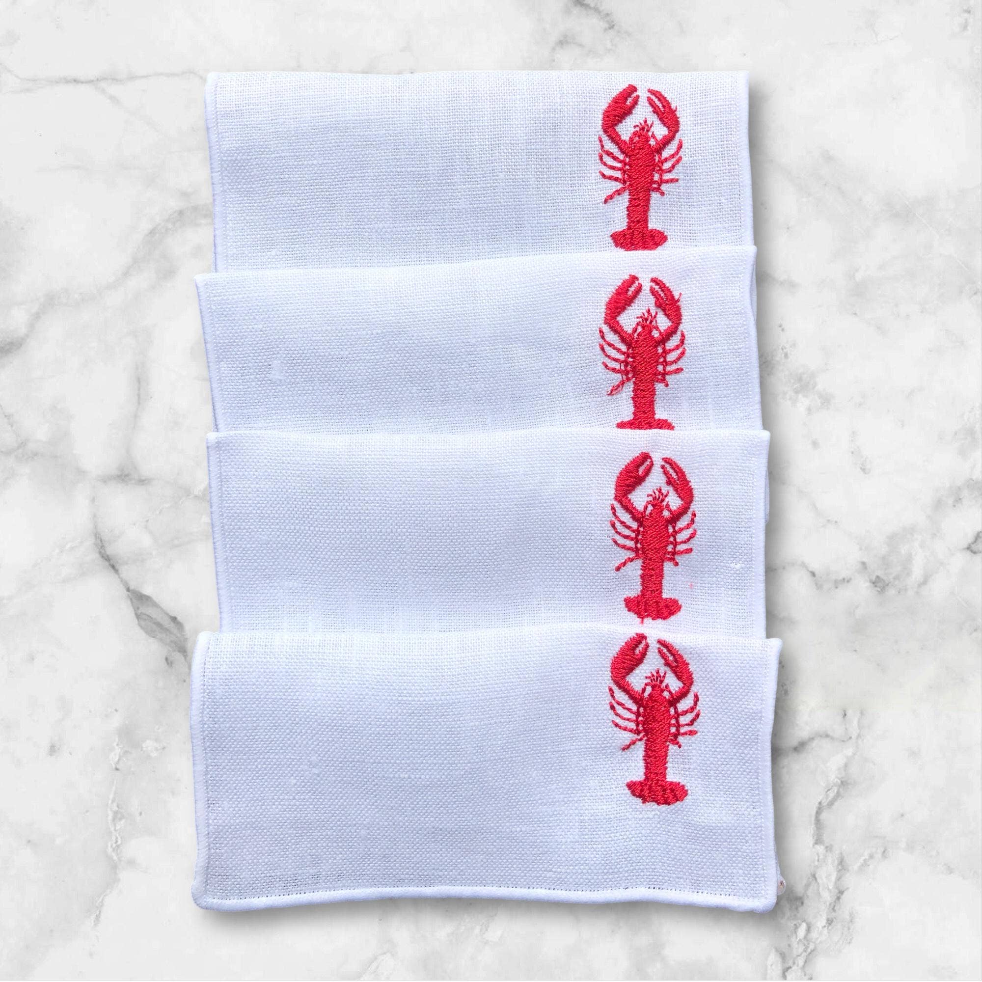 Belle Linen - Wholesale Dinner & Cloth Napkin - Set of 4 Red Lobster Embroidered Linen Cocktail Napkins4