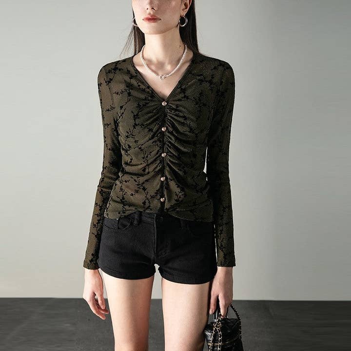 ARMY GREEN Slim Fit Long Sleeve Sheer Printed Pleated Top for wholesale on Faire1