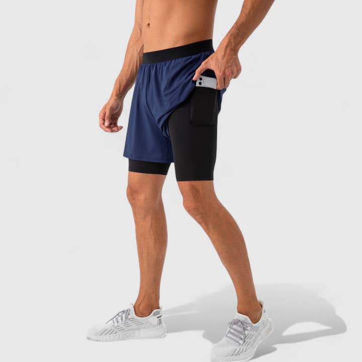 Active by Anna-Kaci - Wholesale Athletic Shorts - Men's - Men's 2-in-1 Training Shorts with Inner Compression Layer an3