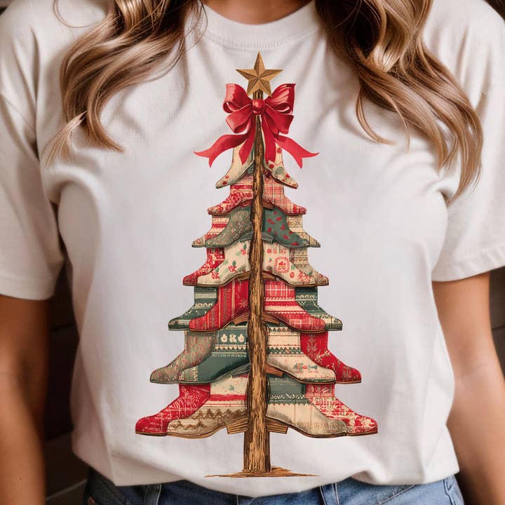Camiseta de Árbol de Navidad Retro Patchwork, Suéter de Botas Vaqueras y otras tendencias de Resultados para botas navidad al por mayor. Devoluciones gratuitas y condiciones de pago a 60 días en Faire en Faire.