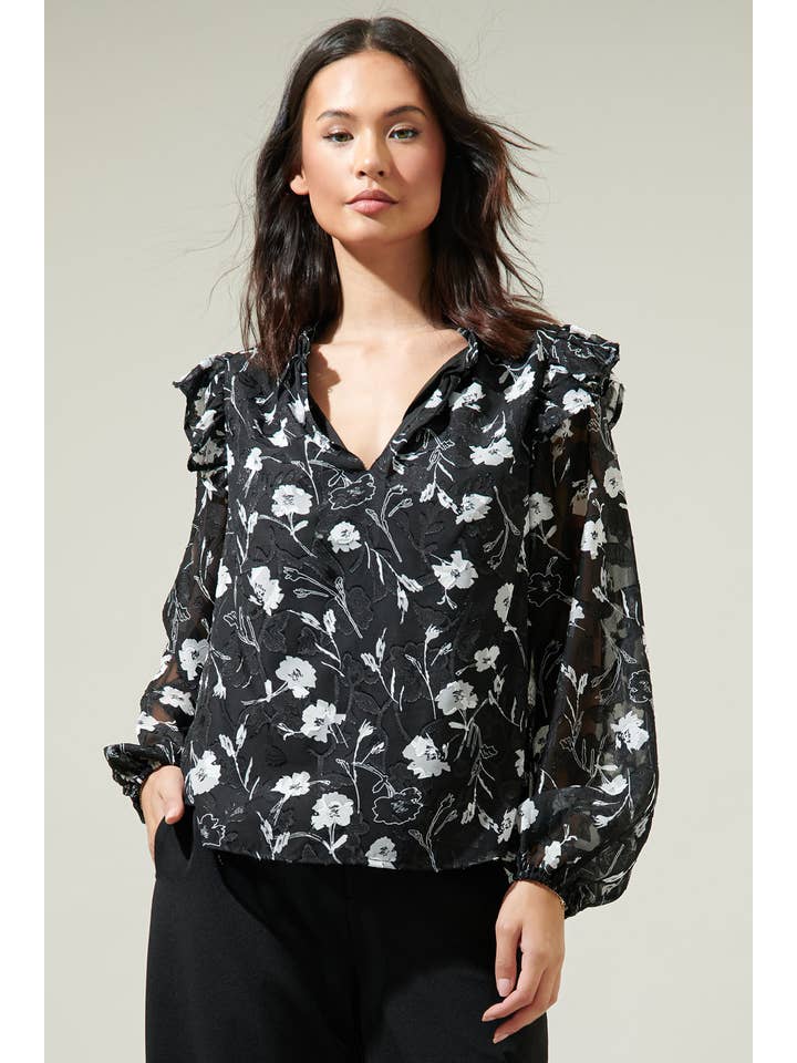 Black White Marilu Floral Ruffle Top for wholesale on Faire4