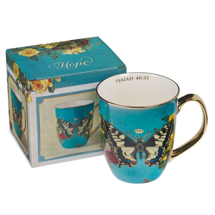 Christian Art Gifts - Wholesale Coffee Mug - Mug Teal/White Butterfly Hope Isa. 40:31