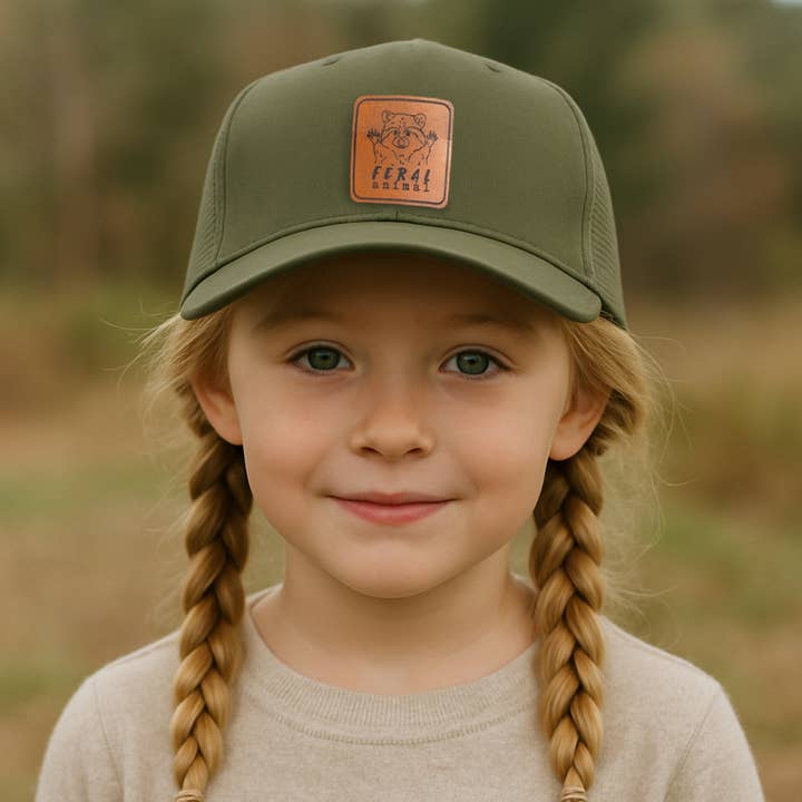 "Feral Animal" Raccoon Trucker Hat for Outdoor Nature Kids for wholesale by Barefoot Baby