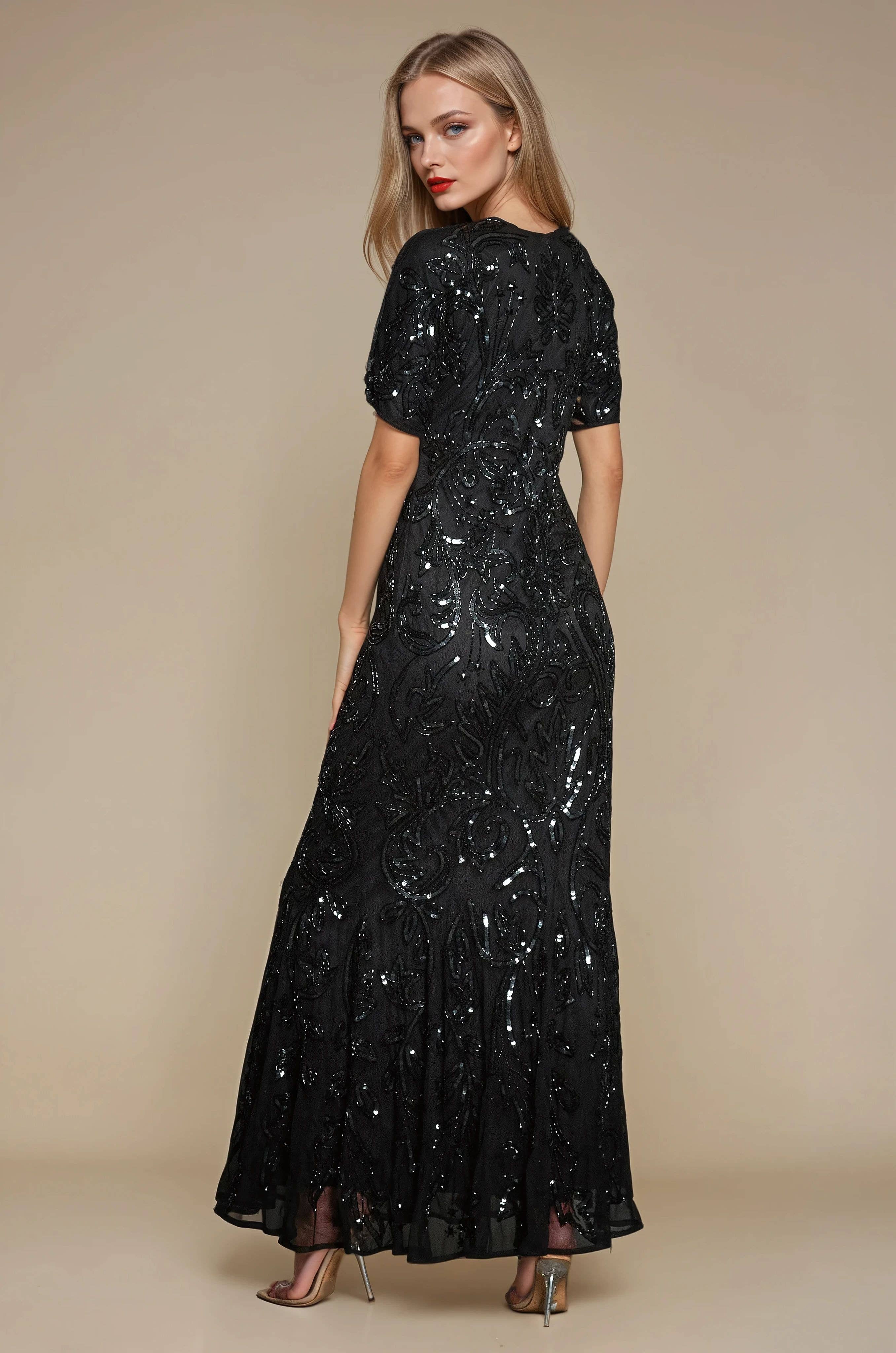 Jywal London® – Vestido - Mulher por atacado – Vestido de Noite Maxi Preto com Enfeites dos Anos 1920 Lilly1