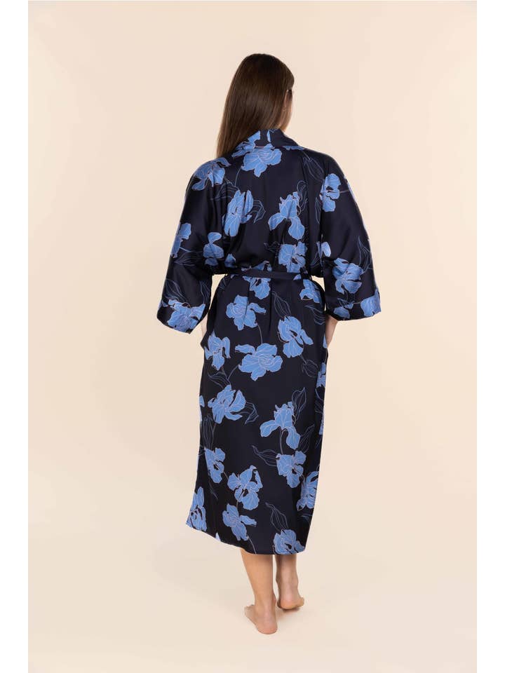 Recycled Silky Satin Long Robe - Daisy Navy Floral Print for wholesale on Faire4