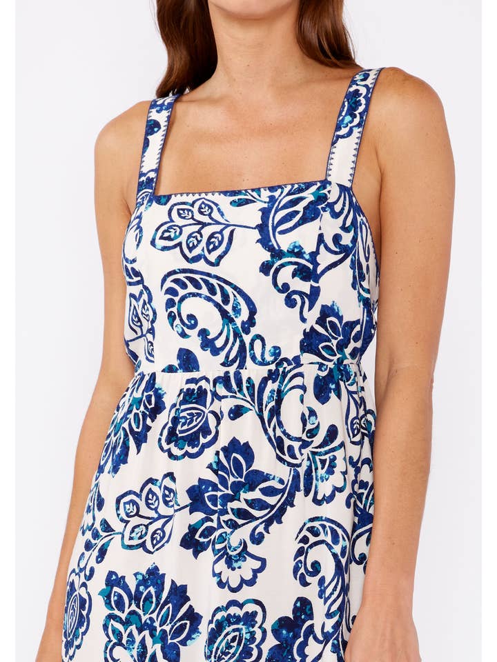Vanilla Navy Blue Printed Tie Back Sleeveless Midi Dress for wholesale on Faire