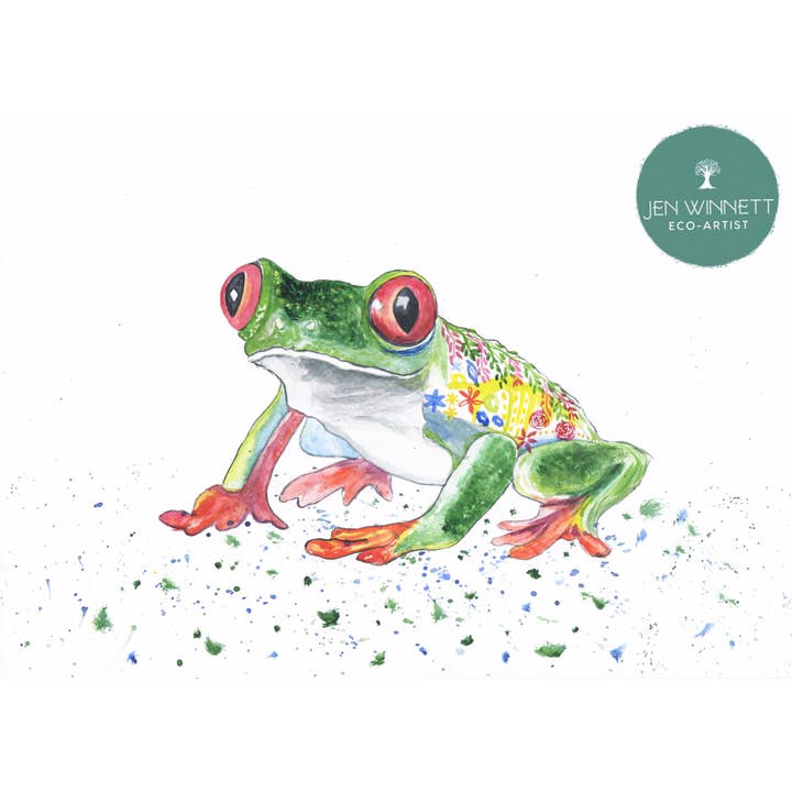 Fergus the Frog gesigneerde kunstdruk tropische boom aquarel voor wholesale door Jen Winnett Eco Artist