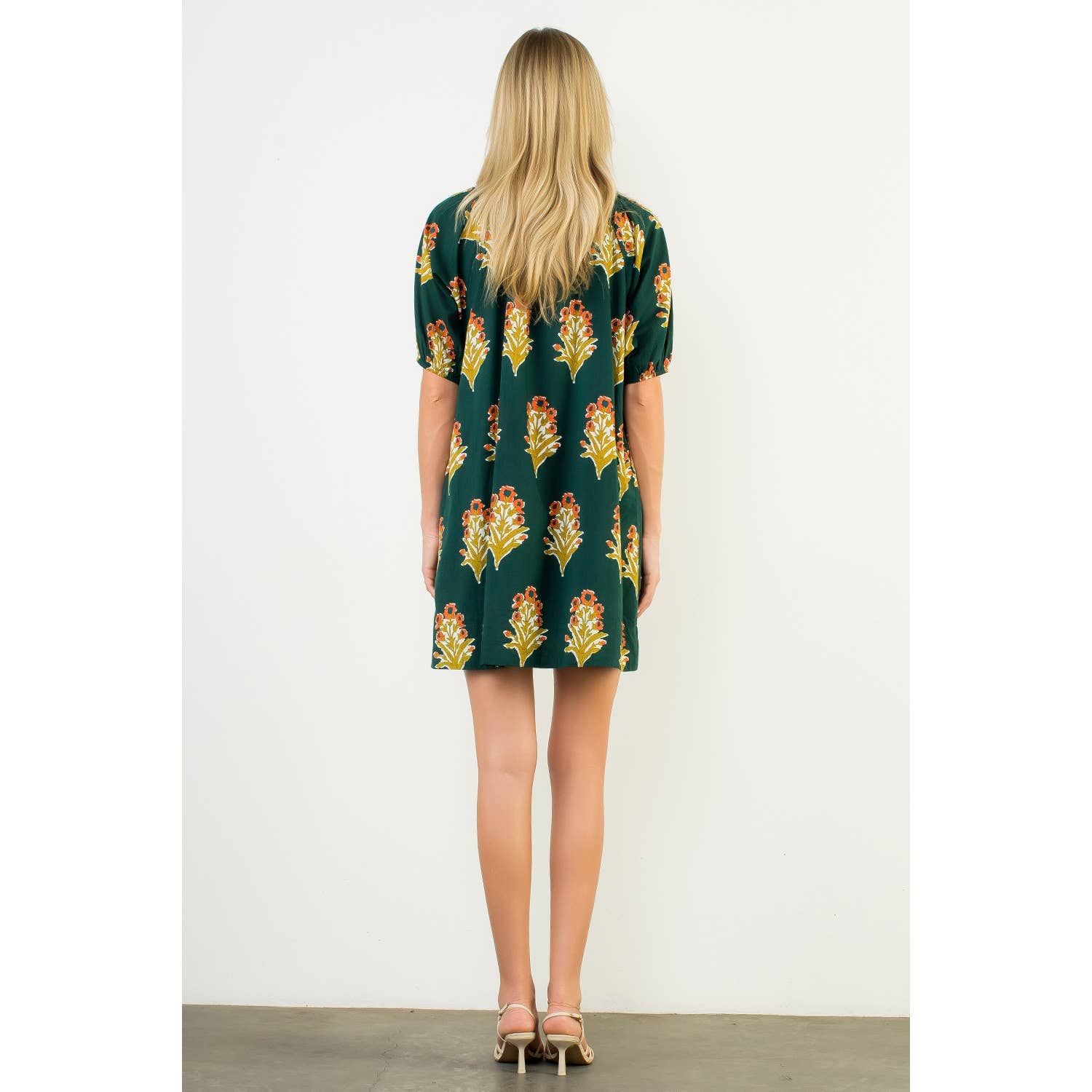 GREEN Floral Print V-Neck Striped Detail Dress for wholesale on Faire4