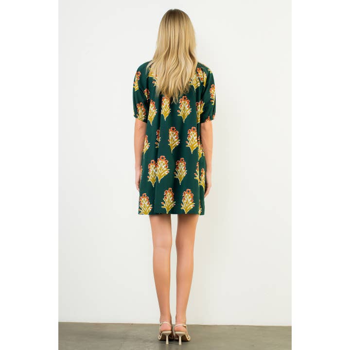 GREEN Floral Print V-Neck Striped Detail Dress for wholesale on Faire4