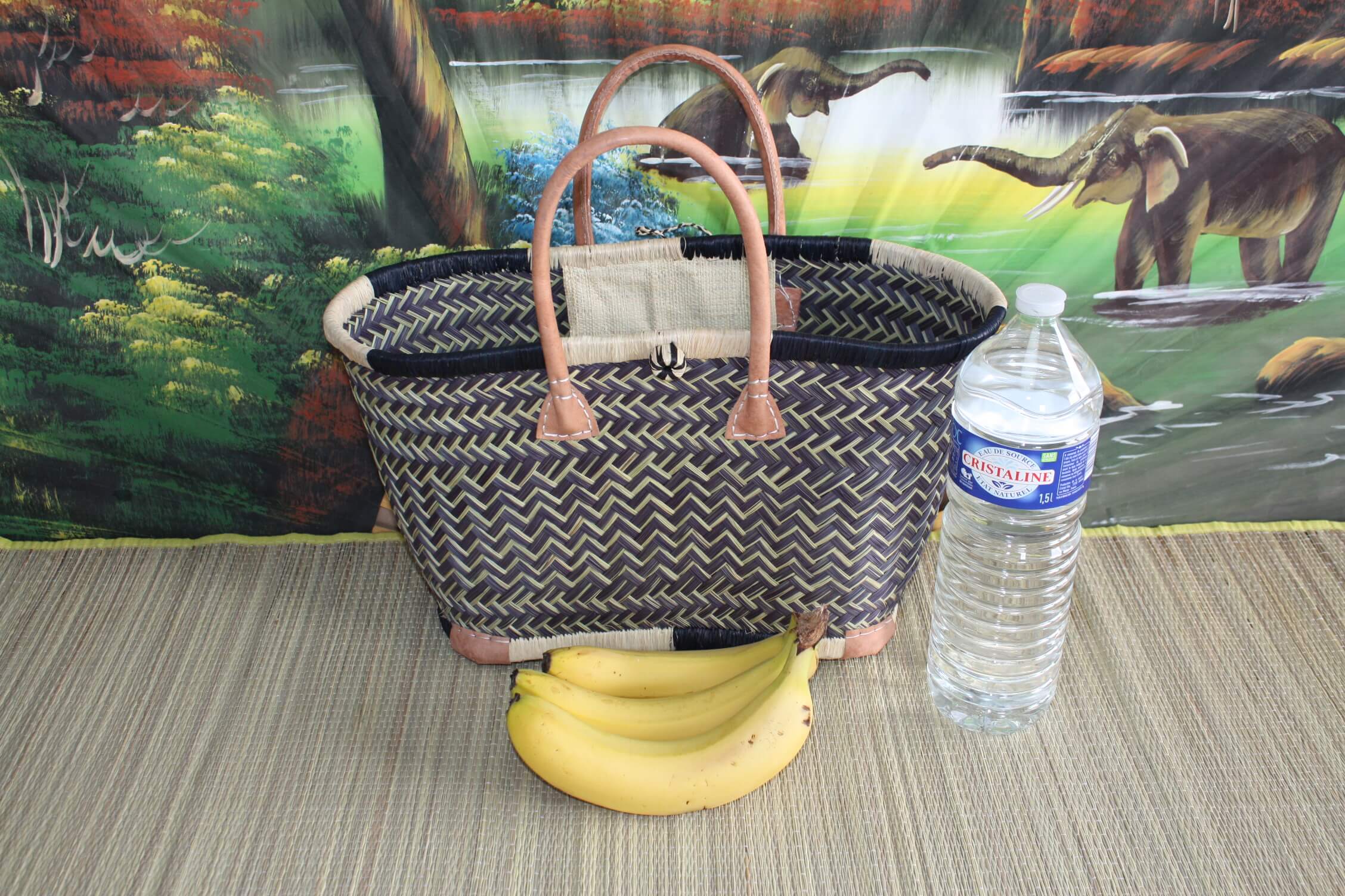 Boutique Huléti - Wholesale Beach Bag - Shopping tote bag - MADAGASCAR BASKET - Black & Natural - Black & Natural - Hand Braided - 3 sizes to choose from - market beach wicker straw0