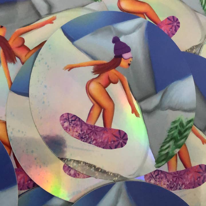 Autocollant holographique Mountain Snowboarder Girl pour la vente par Reba Jam Art Shop