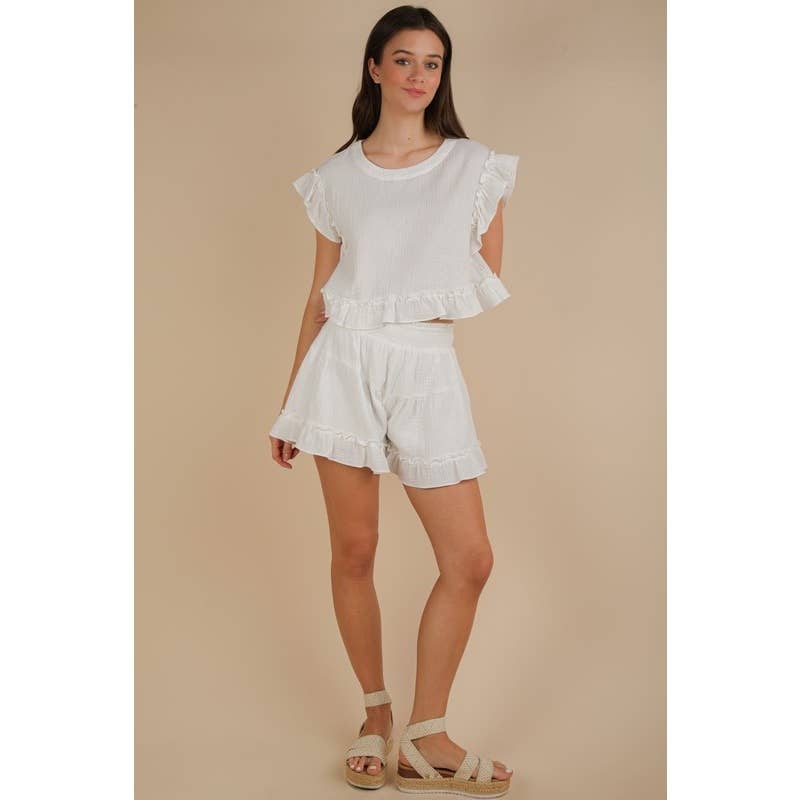 IVE - Vente Ensemble haut et short (PAS d'intérieur) - Femme - Ensemble haut tissé uni à volants ET short4