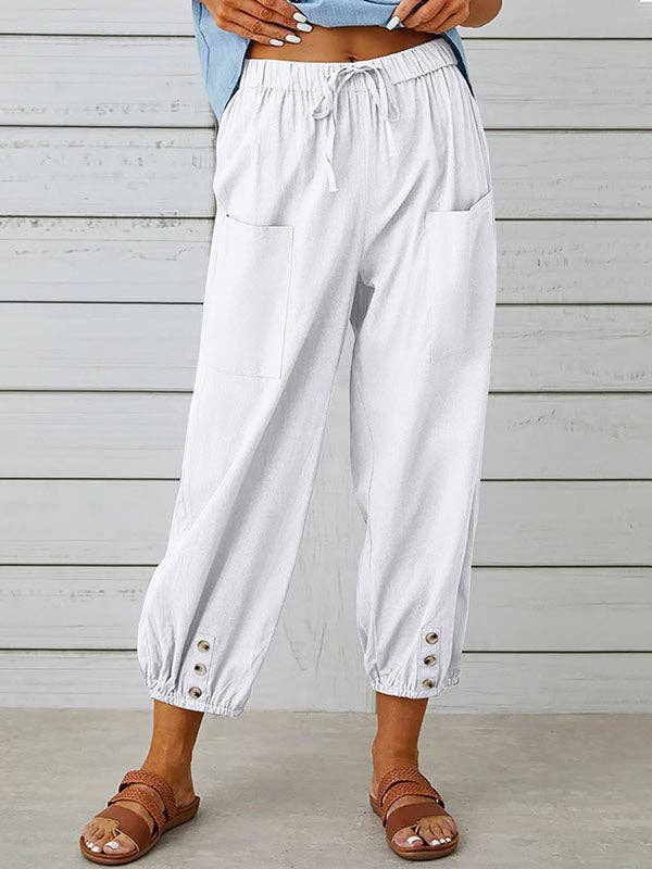 Plush Looks - Wholesale Pants - Women's - High Waisted Loose Buttoned Drawstring Elasticity Pockets Split-Joint Ninth Pants Trousers11