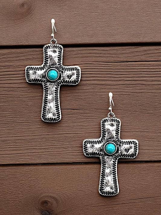 TQ GEM ACCENT HAMMERED CROSS DANGLE EARRING for wholesale by Andrea Bijoux